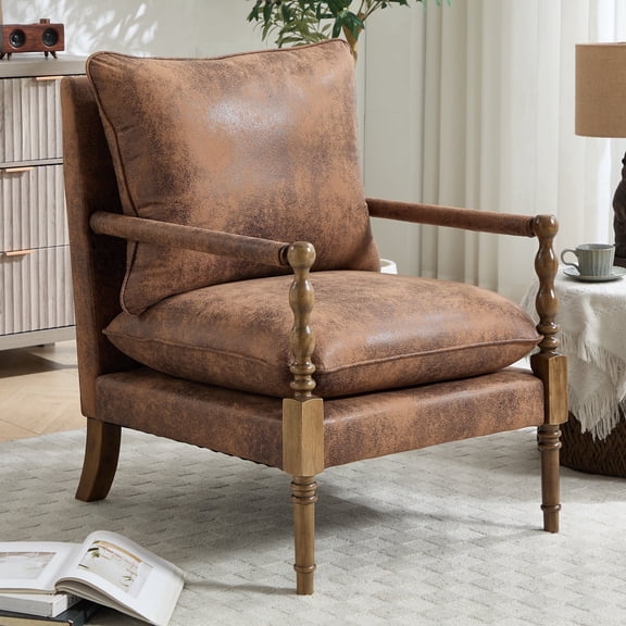 Villeston Suede Accent Chair, Solid Wood Armrests Armchair, Single Sofa with Comfortable Cushions and Lumbar,Coffee