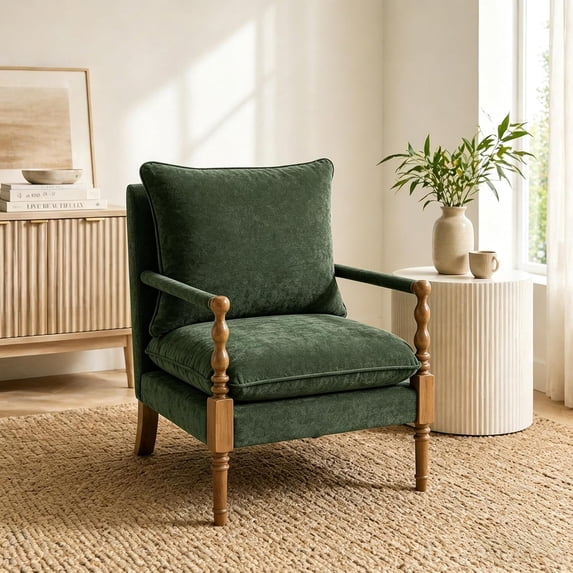 Villeston Chenille Accent Chair, Solid Wood Armrests Armchair, Single Sofa with Comfortable Cushions and Lumbar,Green
