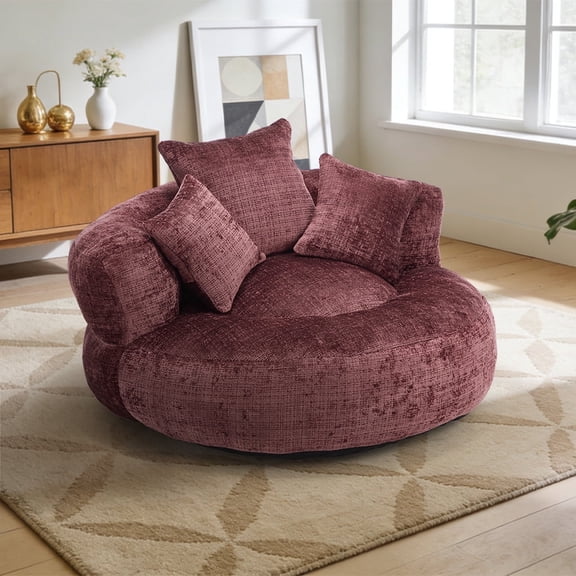Villeston Oversized Chenille Bean Bag Chair with Throw Pillows for Livingroom,Wine Red