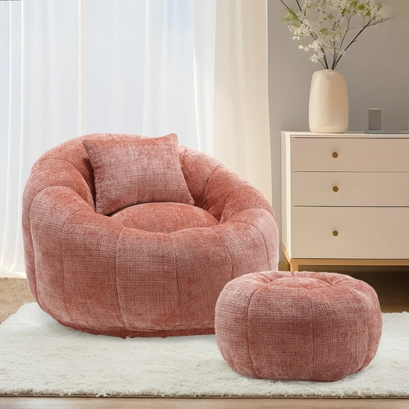 Villeston Large Round Bean Bag Chair with Footrest,Chenille with Pillow ,for Living Room,Adults,Child Pink