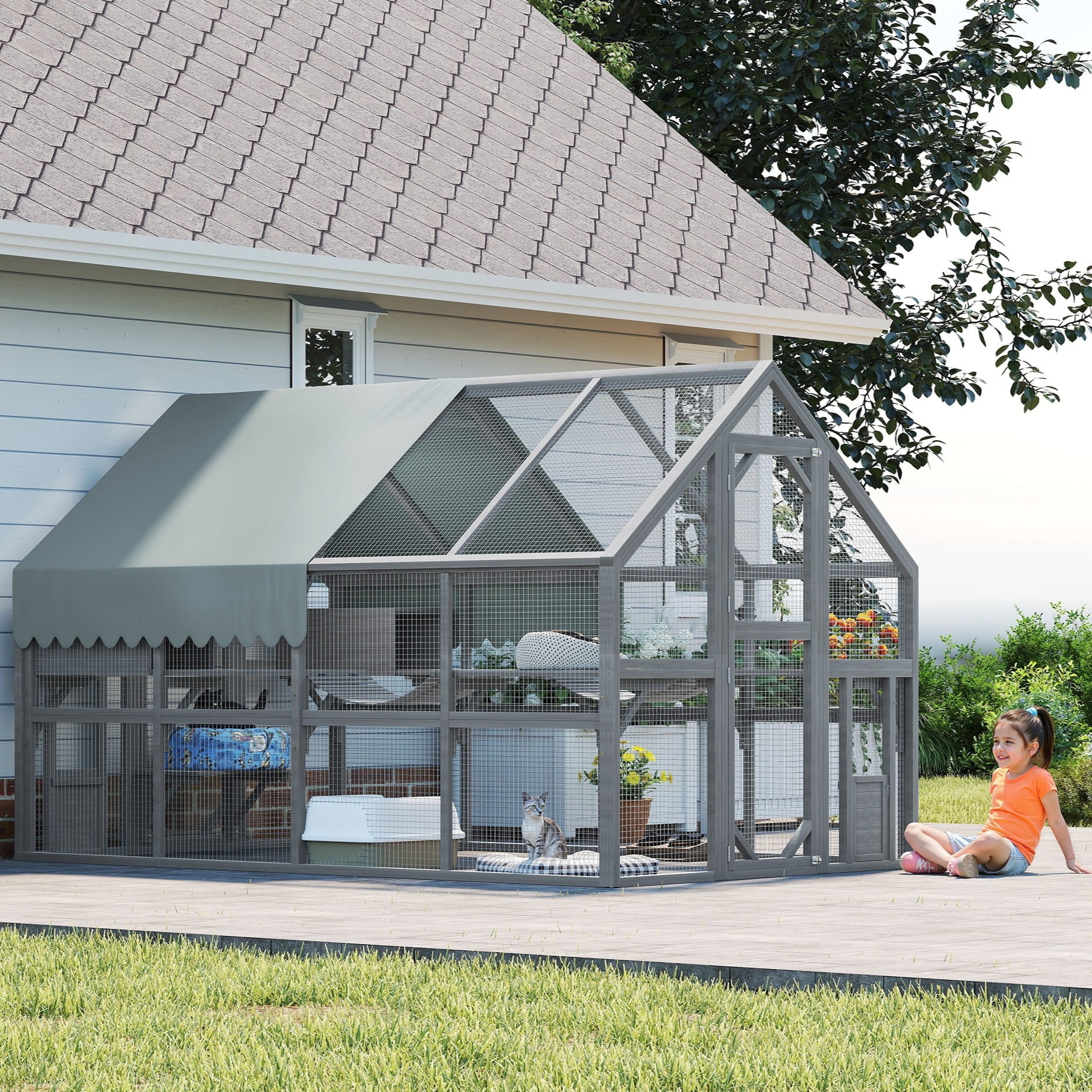 Villeston Large Outdoor Cat Enclosure For Multiple Cats With 7 Platforms, 2 Resting Box And 2 Bridges, Wooden Feral Cats Shelter With Waterproof And Uv Proof Canopy
