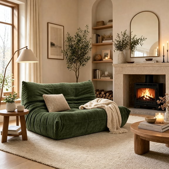 Villeston Loveseat Bean Bag Chair, Oversized Reading Chair for Adults Ultra-Comfy, Fireside Floor Couch, Furniture for Living Room Bedroom,Olive