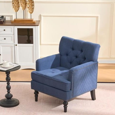 Villeston Mid Century Modern Accent Chair, Corduroy Fabric Armchair,Single Sofa Chair,Upholstered Chair with Wood Legs,Blue