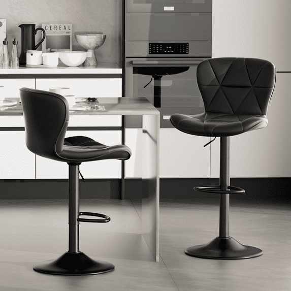 Villeston Modern Bar Stools Set of 2, Adjustable Faux Leather Upholstered Swivel Bar Stools, Counter Height Bar Chairs with Back for Kitchen Island, Black