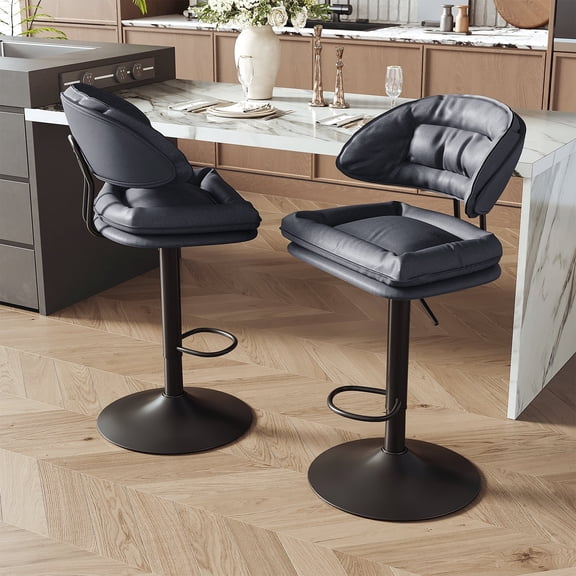 Villeston Modern Bar Stools Set of 2, Spacious Ergonomic Double-Layer Cushion Upholstered Swivel Bar Stools with Backrest, Adjustable for Kitchen Island,Dark Gray