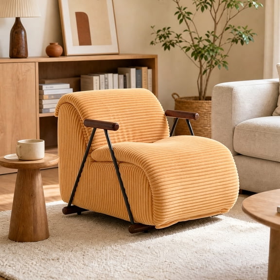 Villeston Modern Designer Corduroy Accent Chair, Upholstered Lounge Armchair with Solid Wood Armrests & Minimalist Metal Frame, Luxury Reading Chair for Living Room, Bedroom,Yellow