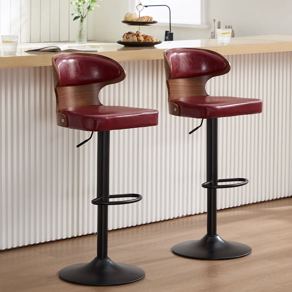 Villeston Modern Swivel Bar Stools Set Of 2, Wooden Upholstered Pu Leather Barstools With Back & Footrest, Counter Height Bar Chairs For Kitchen Island,Wine Red