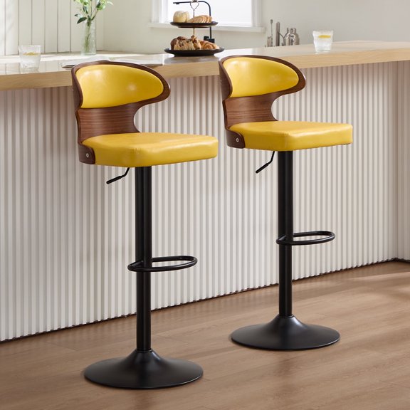 Villeston Modern Swivel Bar Stools Set Of 2, Wooden Upholstered Pu Leather Barstools With Back & Footrest, Counter Height Bar Chairs For Kitchen Island,Yellow