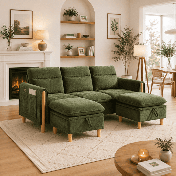 Villeston Modern U-Shape Sectional Sofa , 3 Seat Lounge Sleeper with Double Ottomans for Living Room,Emerald