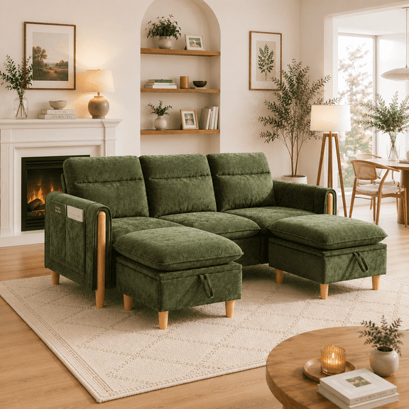 Villeston Modern U-Shape Sectional Sofa , 3 Seat Lounge Sleeper with Double Ottomans for Living Room,Emerald