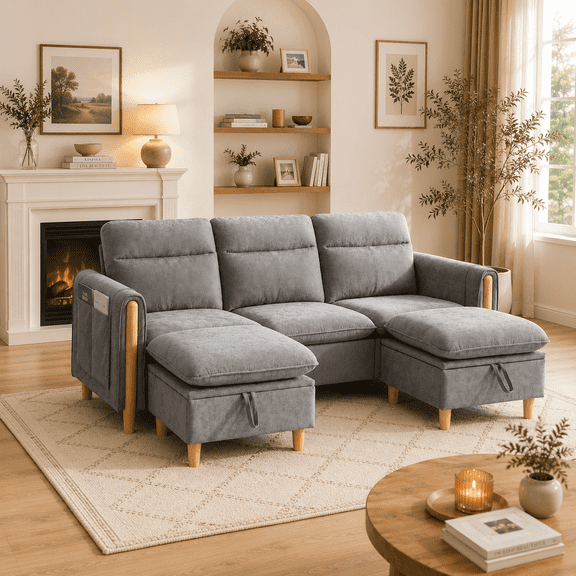 Villeston Modern U-Shape Sectional Sofa , 3 Seat Lounge Sleeper with Double Ottomans for Living Room,Gray