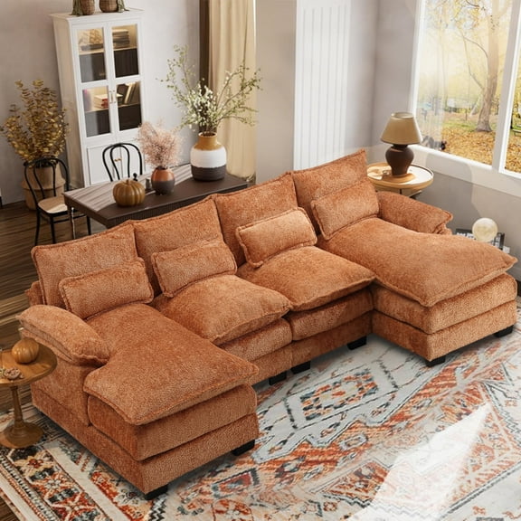 Villeston Modern U-Shape Sectional Sofa , 4 Seat Lounge Sleeper with Double Chaise for Living Room,Orange