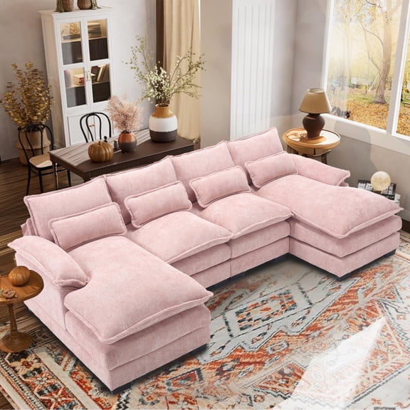 Villeston Modern U-Shape Sectional Sofa , 4 Seat Lounge Sleeper with Double Chaise for Living Room,Pink