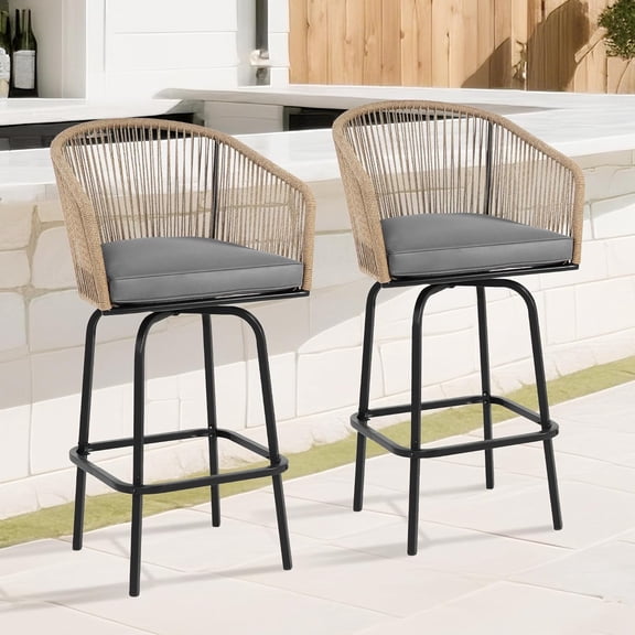 Villeston Outdoor Bar Stool Set of 2, Rattan with Backrest for Backyard, Garden Pool, Balcony- Gery