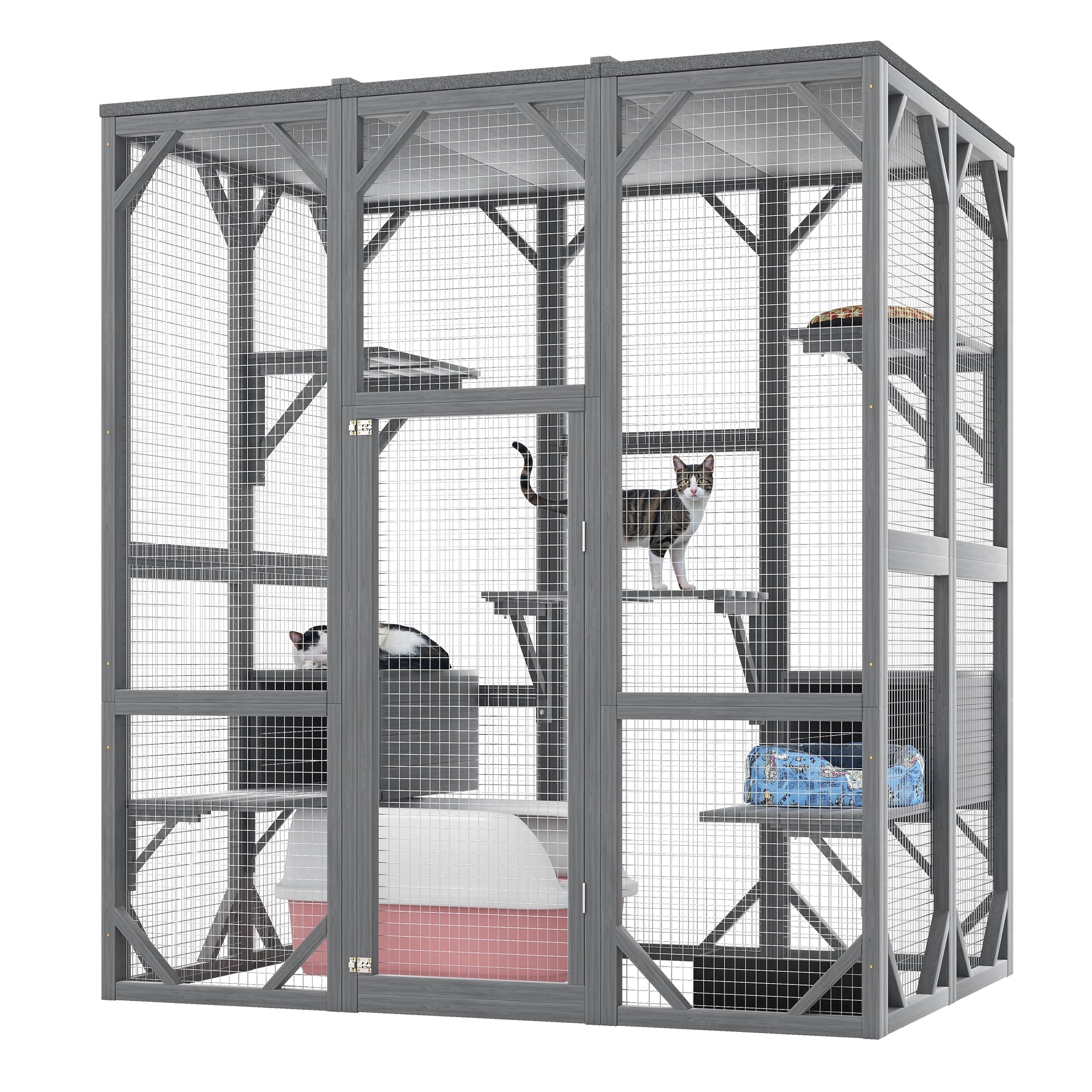 Villeston Outdoor Cat Enclosure, 71" Large Cat House for Multiple Cats with Waterproof Roof, 3 Tier Cat Cage with 6 Platform for Patio, Yard, Graden