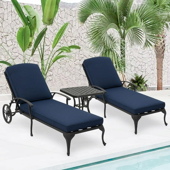 Villeston Outdoor Recliner, Cast Aluminum,with Wheels and Adjustable, set of 2,Dark Blue Cushions and 1 Side Table