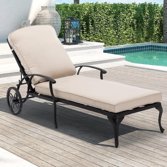 Villeston Outdoor Recliner, Cast Aluminum,with Wheels and Adjustable, Beige Cushions