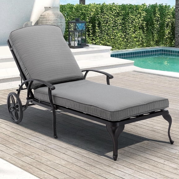 Villeston Outdoor Recliner, Cast Aluminum,with Wheels and Adjustable, Gray Cushion