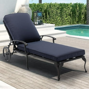 Villeston Outdoor Recliner, Cast Aluminum, with Wheels and Adjustable , Dark Blue Cushions