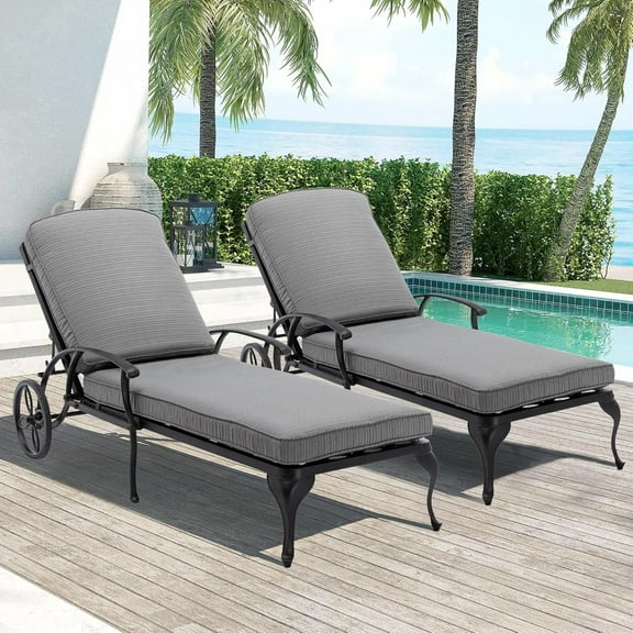 Villeston Outdoor Recliner, Cast Aluminum,with Wheels and Adjustable, set of 2,Gray Cushions