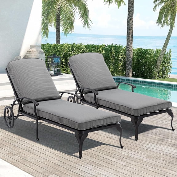 Villeston Outdoor Recliner, Cast Aluminum,with Wheels and Adjustable, set of 2,Gray Cushions
