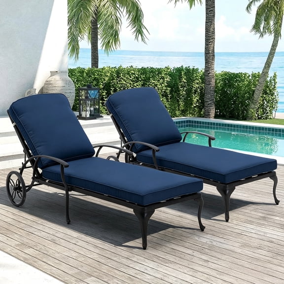 Villeston Outdoor Lounge Chaise with Cushion, Cast Aluminum,with Wheels and Adjustable, set of 2,Dark Blue Cushions