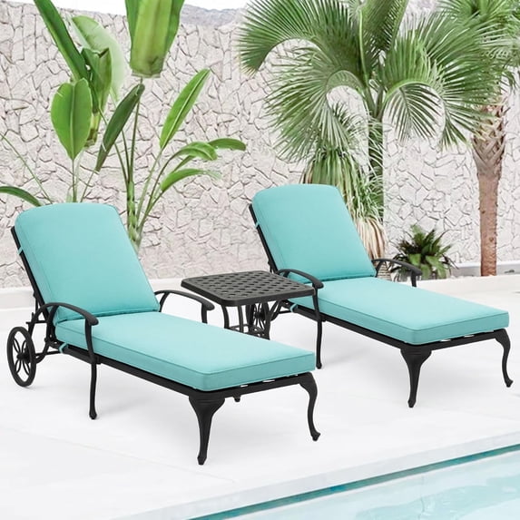 Villeston Outdoor Lounge Chaise - Poolside Chairs Set of 2 with Cushion and 1 Patio Side Table Cast Aluminum Waterproof Lounger with Wheels and Adjustable Reclining,Light Blue