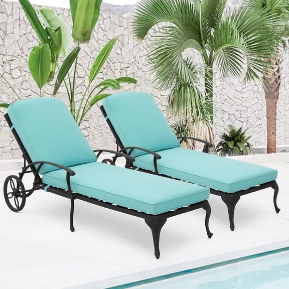 Villeston Outdoor Lounge Chaise - Poolside Chairs Set of 2 with Cushion Cast Aluminum Waterproof Lounger with Wheels and Adjustable Reclining,Light Blue