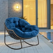 Villeston Outdoor Patio Rocking Chair, Oversized Papasan Rocker with Padded Cushion, Navy Blue