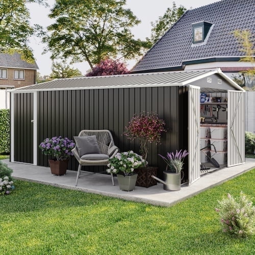 Villeston Outdoor Storage Shed 10×14 FT with 3 Lockable Doors,4 Vents,for Backyard Patio Lawn, Dark Grey