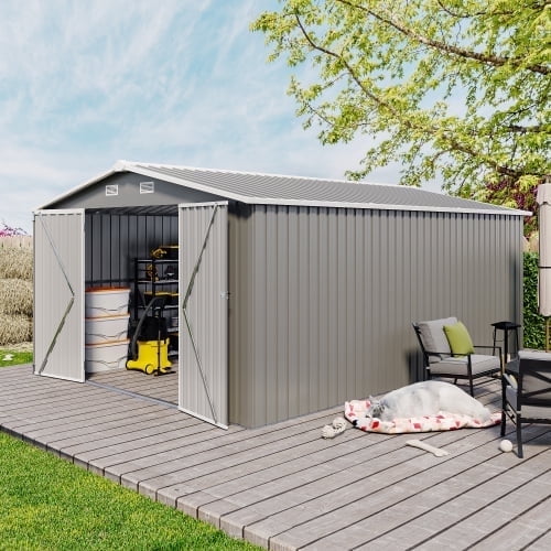 Villeston Outdoor Storage Shed 10×14 FT with 3 Lockable Doors,4 Vents,for Backyard Patio Lawn, Light Grey