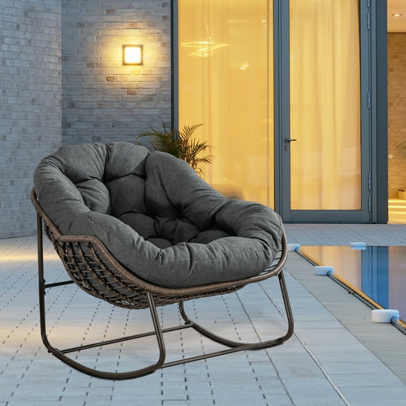 Villeston Oversized Papasan Rocking Chair with Padded Cushion, Gray