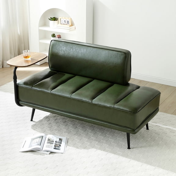 Villeston PU Leather Ottoman Bench for Living Room,55" Channel Tufetd Small Loveseat Sofa Couch with Adjustable Wooden Stand,Modern Bedroom Benches,Green