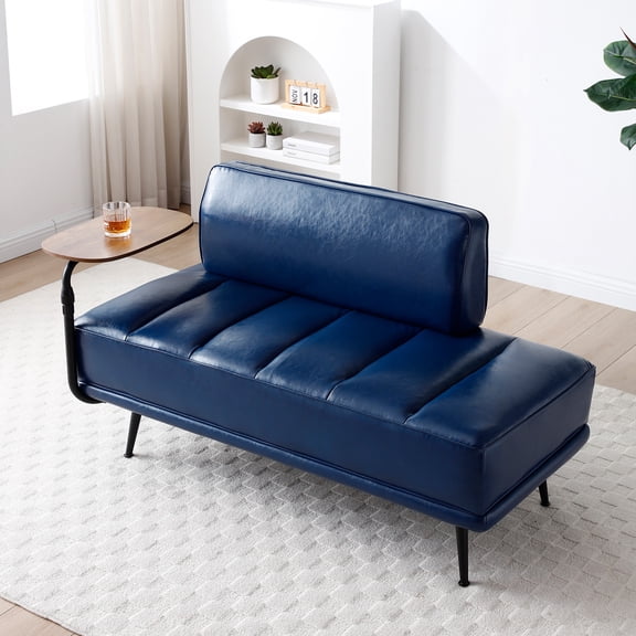 Villeston PU Leather Ottoman Bench for Living Room,55" Channel Tufetd Small Loveseat Sofa Couch with Adjustable Wooden Stand,Modern Bedroom Benches,Navy Blue