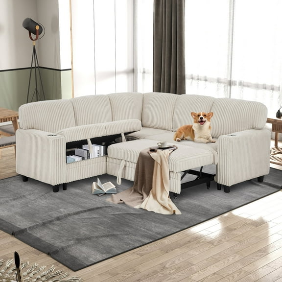 Villeston Plush Corduroy Sleeper Sofa Bed with Storage Seat, Pull Out Couch Bed with USB, Cup Holder, V Shaped Sectional Couches for Living Room, Apartment, Dark Grey