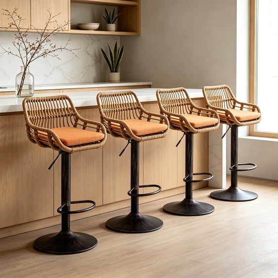 Villeston Rattan Bar Stools Set of 4,Adjustable Height 360 Swivel Low Back Stools with Footrest Breathable Linen Cushions,Orange