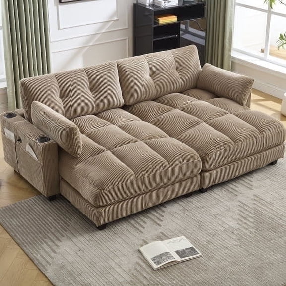 Villeston Sleeper Sofa Couch Bed Set of 2,Oversized Chaise Lounge Chair Cozy Corduroy for living room,Khaki