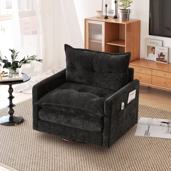 Villeston Swivel Accent Chair, 36.2"W Oversize Chenille Armchair with Side Bag, Modern Comfortable Chair for Living Room, Bedroom, Black