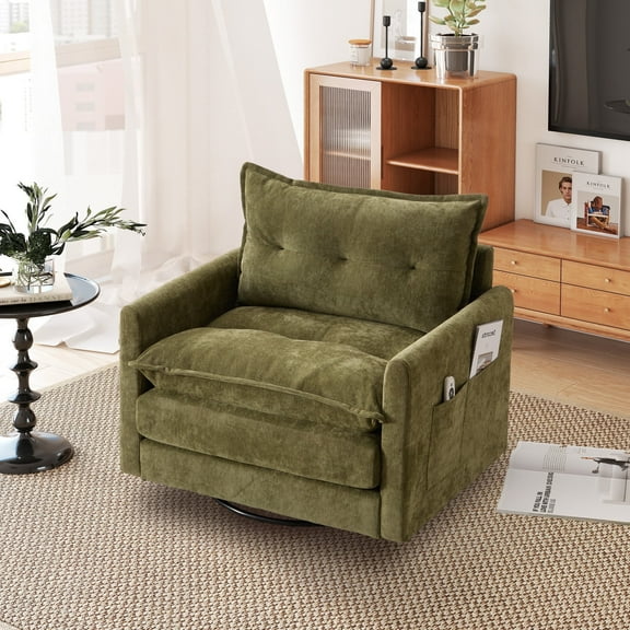 Villeston Swivel Accent Chair, 36.2"W Oversize Chenille Armchair with Side Bag, Modern Comfortable Chair for Living Room, Bedroom, Olive
