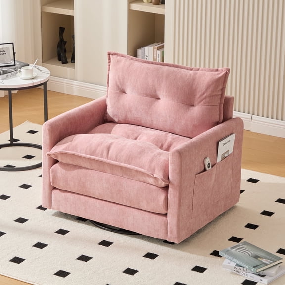 Villeston Swivel Accent Chair, 36.2"W Oversize Chenille Armchair with Side Bag, Modern Comfortable Chair for Living Room, Bedroom, Pink