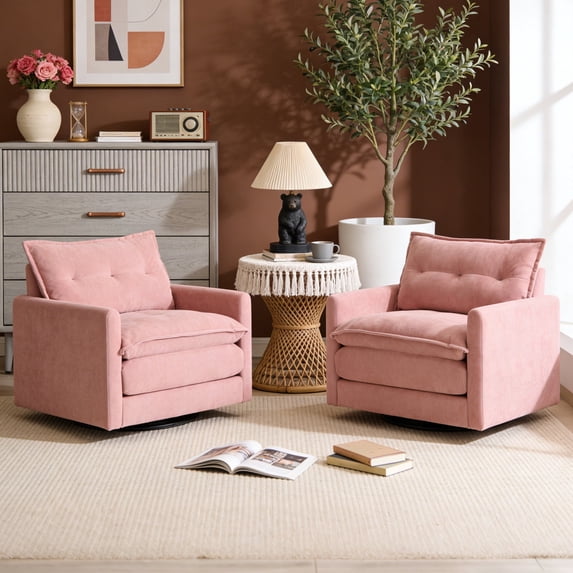 Villeston Swivel Accent Chair(Set of 2), 36.2"W Oversize Chenille Armchair with Side Bag, Modern Comfortable Chair for Living Room, Bedroom,Pink