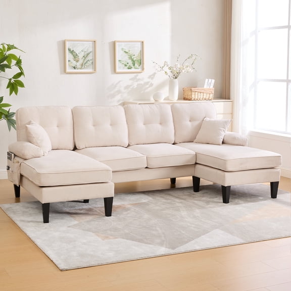 Villeston U-Shaped Sectional Sofa, 100" Linen Couch, 4 Seat Lounge Sleeper with Double Chaise for Living Room，Beige