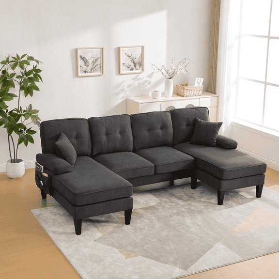 Villeston U-Shaped Sectional Sofa, 100" Corduroy Couch, 4 Seat Lounge Sleeper with Double Chaise for Living Room,Dark Gray