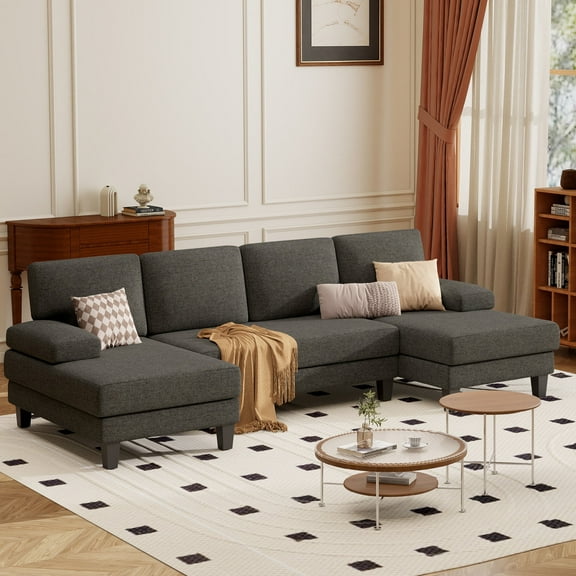 Villeston U-shaped Sectional Sofa 110" Fabric Couch with Dual Chaise Lounges for Living Room,Brown