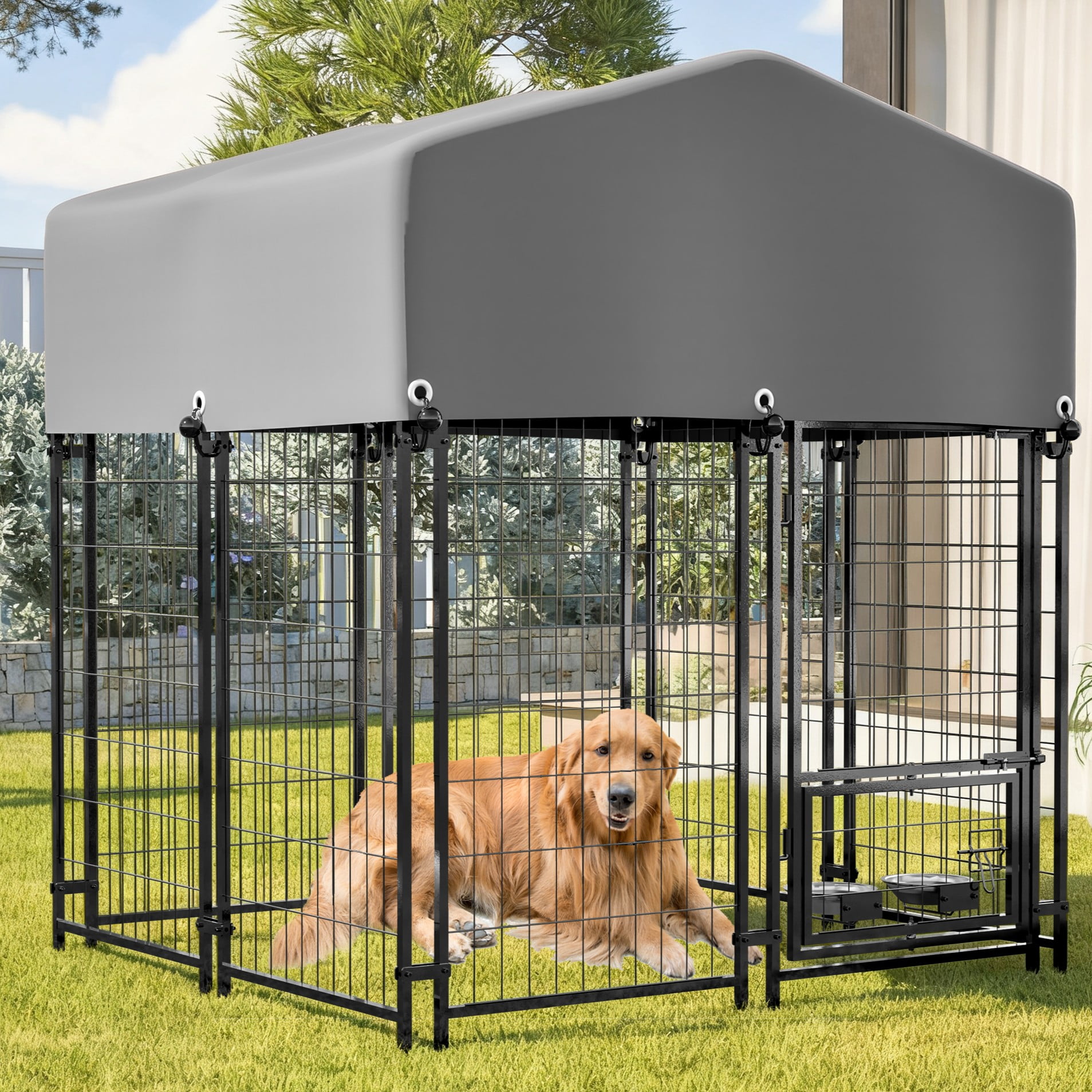 Villeston Universal Heavy Duty Medium Metal Dog Kennel Playpen with Sun/Rain Proof Top for Dog Cat Duck Chicken Outdoor Excerise (3.83'L x 4.23'W x 4.83'H)