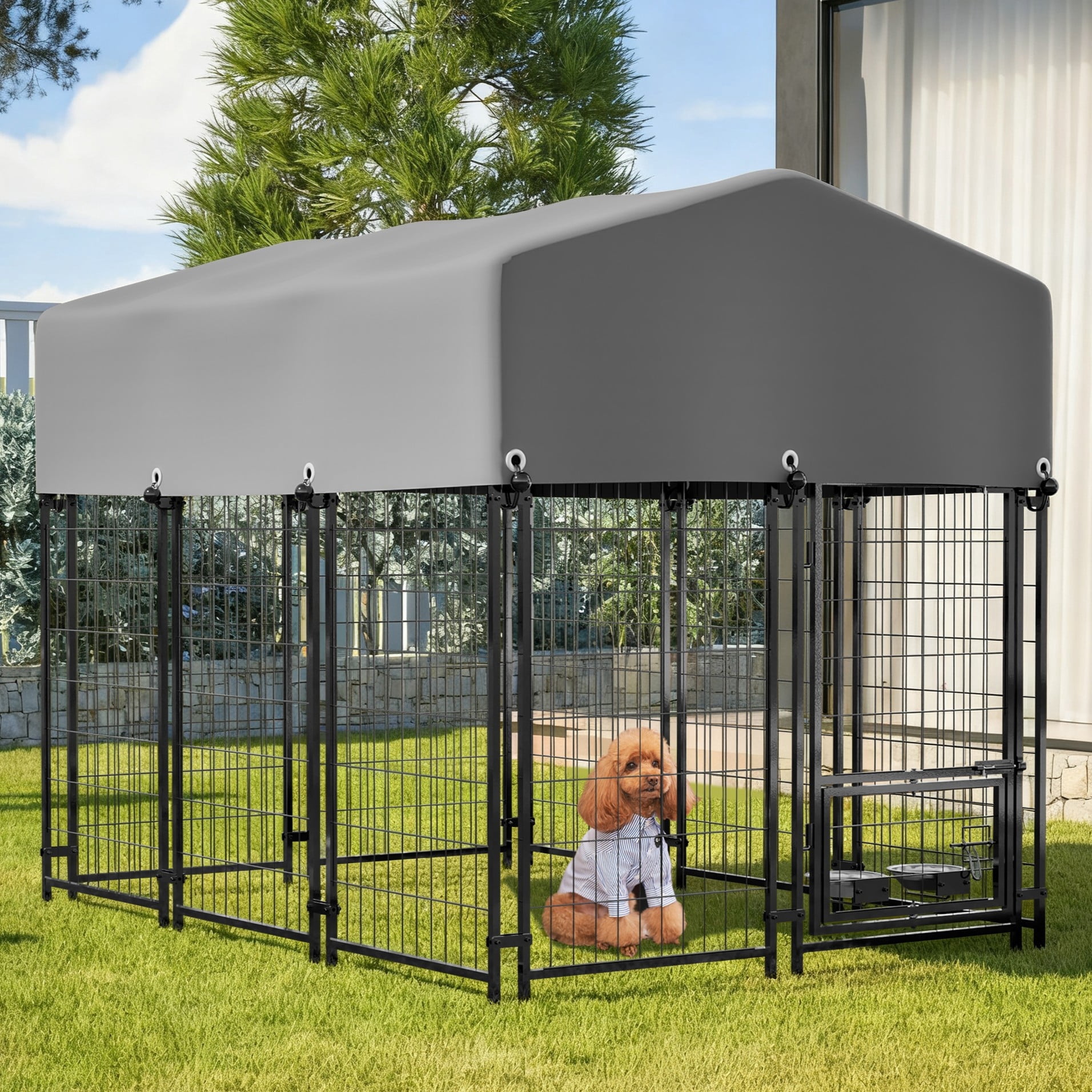 Villeston Universal Heavy Duty Medium Metal Dog Kennel Playpen with Sun/Rain Proof Top for Dog Cat Duck Chicken Outdoor Excerise (5.82'L x 4.23'W x 4.83'H)