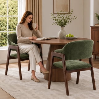 Villeton Upholstered Dining Chairs Set of 2, Chenille Curved Back Kitchen Chairs, Solid Dark Wood Frame Arm Dining Side Chairs for Dining Room,Green