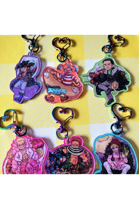 Villians menu keychains, 2 inch acrylic charms with heart clasp and holographic hearts (1 keychain)