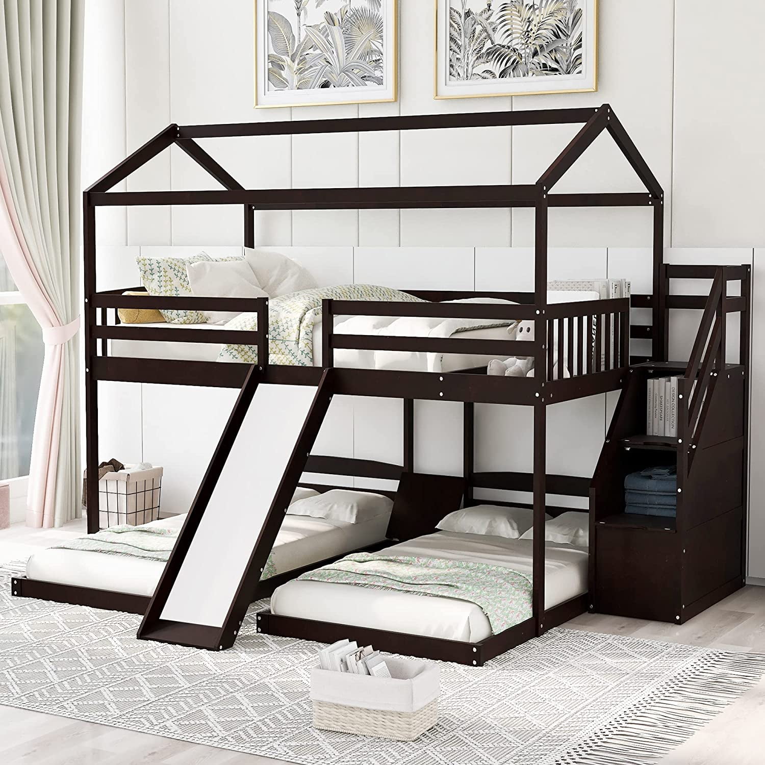 VilroCaz Twin XL Over Twin&Twin Bunk Bed With Built-in 4 Shelves Solid ...