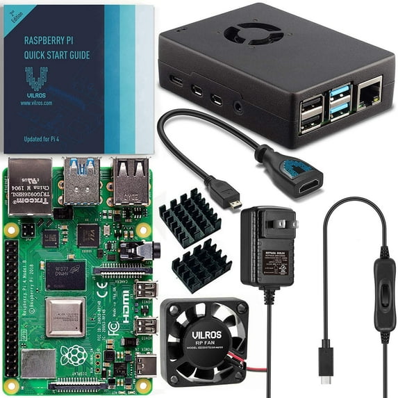 Vilros Raspberry Pi 4 Basic Starter Kit with Fan-Cooled Heavy-Duty Aluminum Alloy Case 1GB, Black